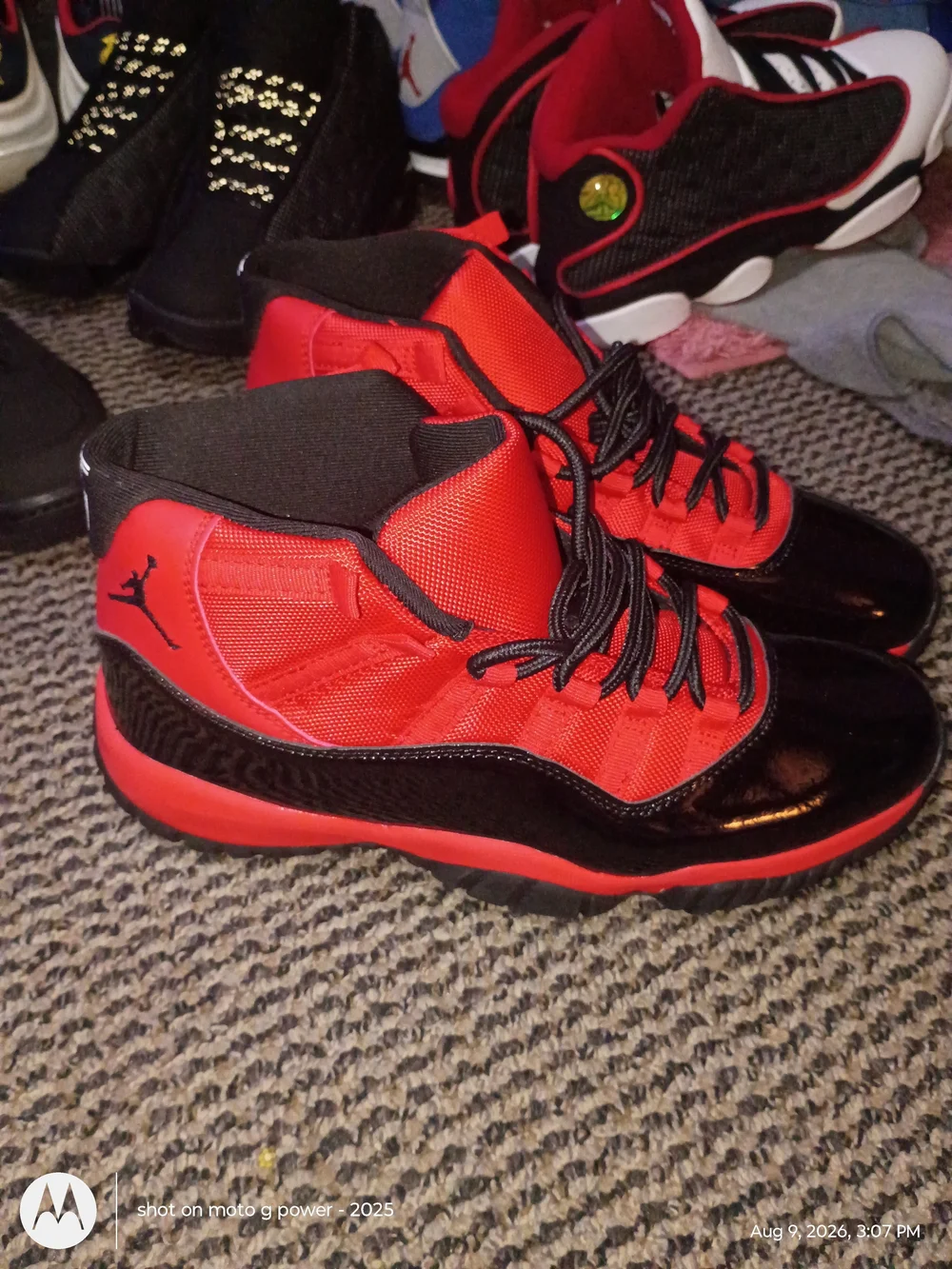 Jordan 11s Men's High-Top Basketball Sneakers in Red and Black
